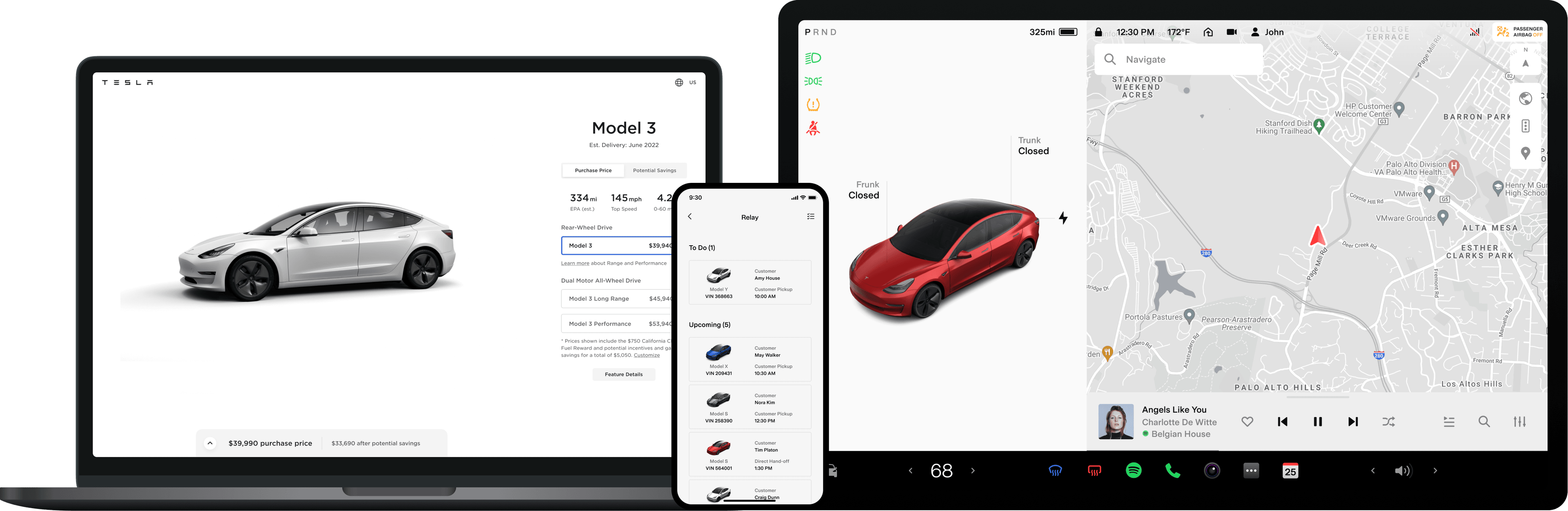 Illustration of the Tesla Design System on a laptop Web browser, the Tesla mobile (native) app and in the Tesla vehicle screen.