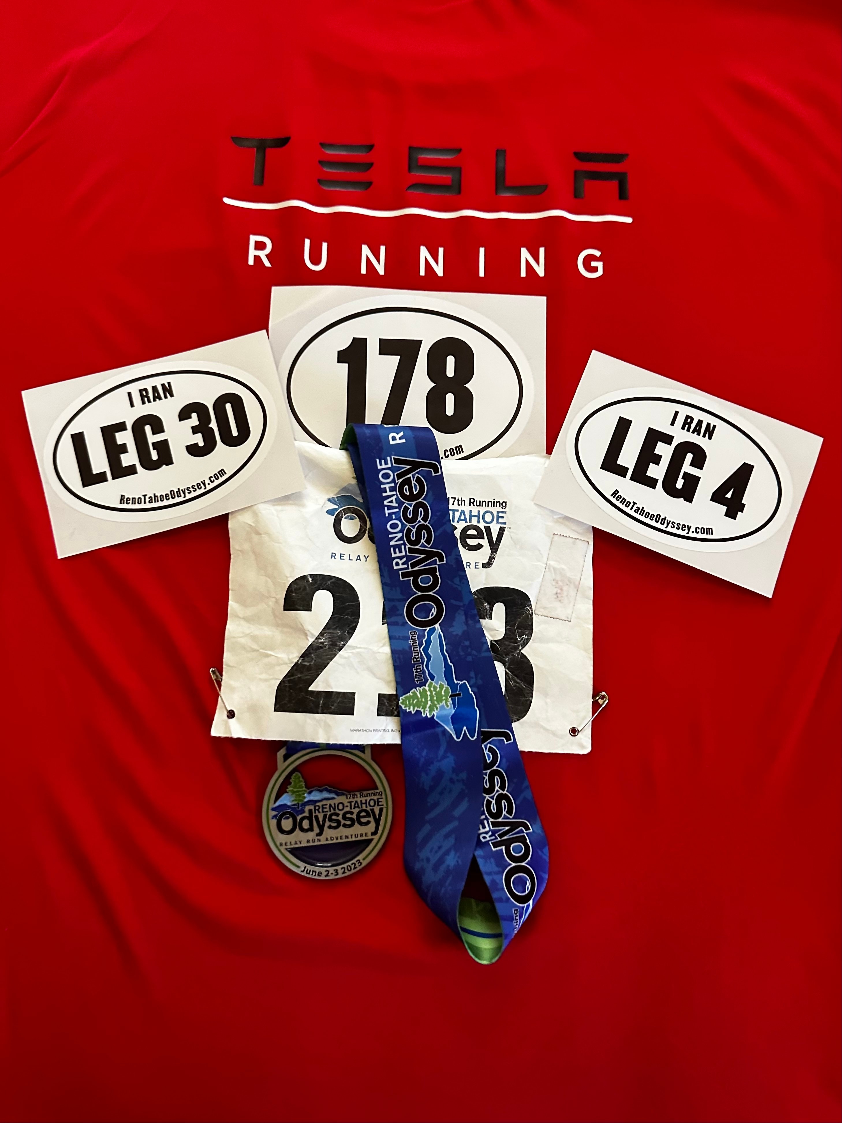 2023 Tesla Running Shirt wit RTO Medals/Leg Achievements