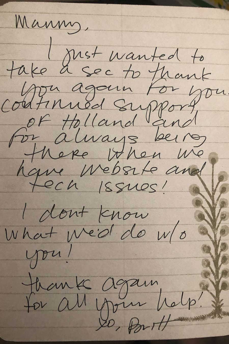 Thank you card from Britt Curtis (Back)